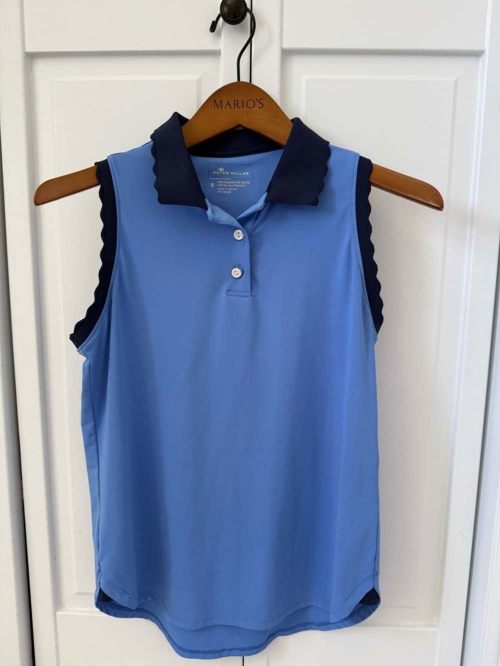 Peter Millar Light Blue Sleeveless Scallop Polo with Navy Trim